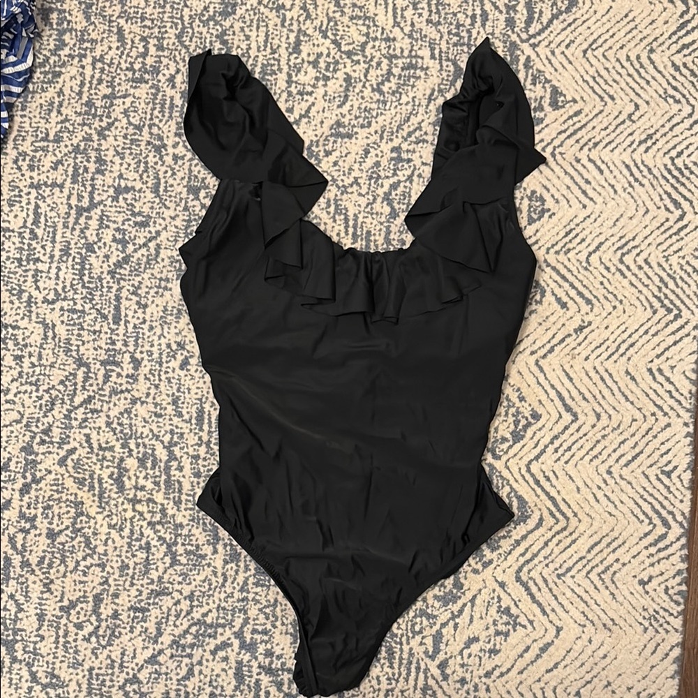 J. Crew Black Ruffle One-Piece Swimsuit